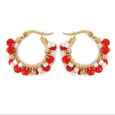 Heidi Red, Gold & White Beaded Gold Hoop Earrings